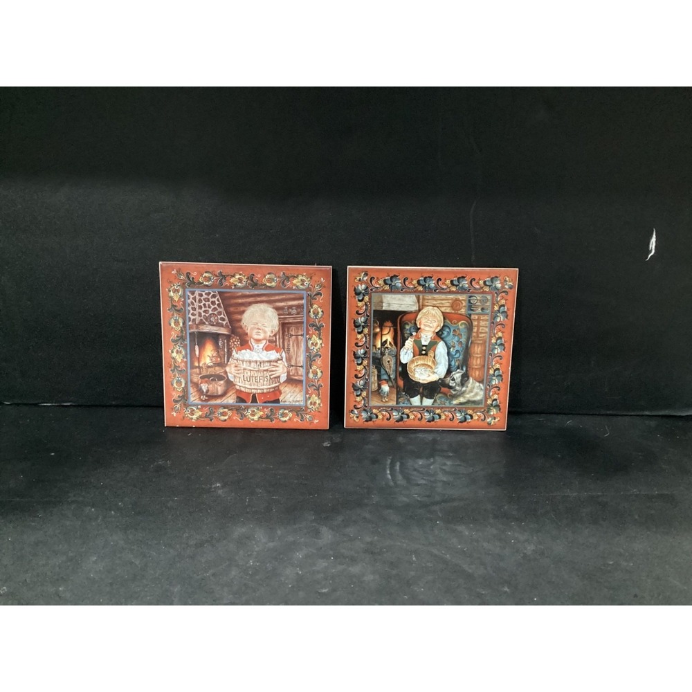 Lot of 2 Suzanne Toftey Decorative Tiles Trivets Norwegian Boy Kids Vintage